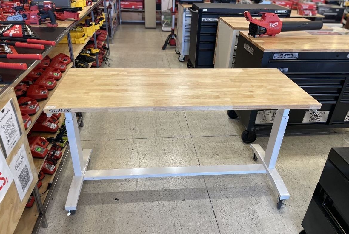 HUSKY 62 in. Adjustable Height Work Table in White (missing Crank Handle)