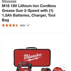 Milwaukee M18 18V Lithium-Ion Cordless Grease Gun 2-Speed with (1) 1.5Ah Batteries, Charger, Tool Bag