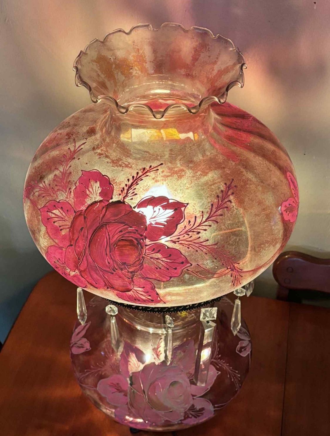 Vintage Cranberry Gone with the Wind/Hurricane Lamp Signed B.Hart Hand-Painted 25”H