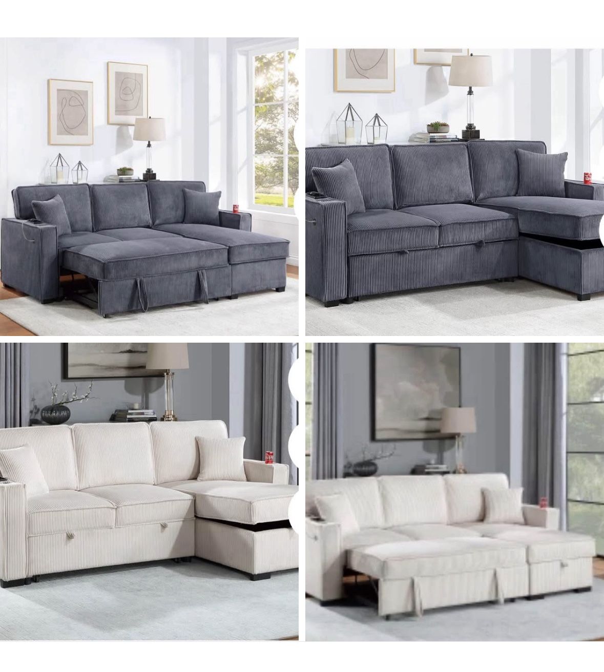 $369. 2-PCConvertible Sectional Sleeper Sofa W/ Cupholder Sofa Storage & USB Ports 89”x 59”X36”H
