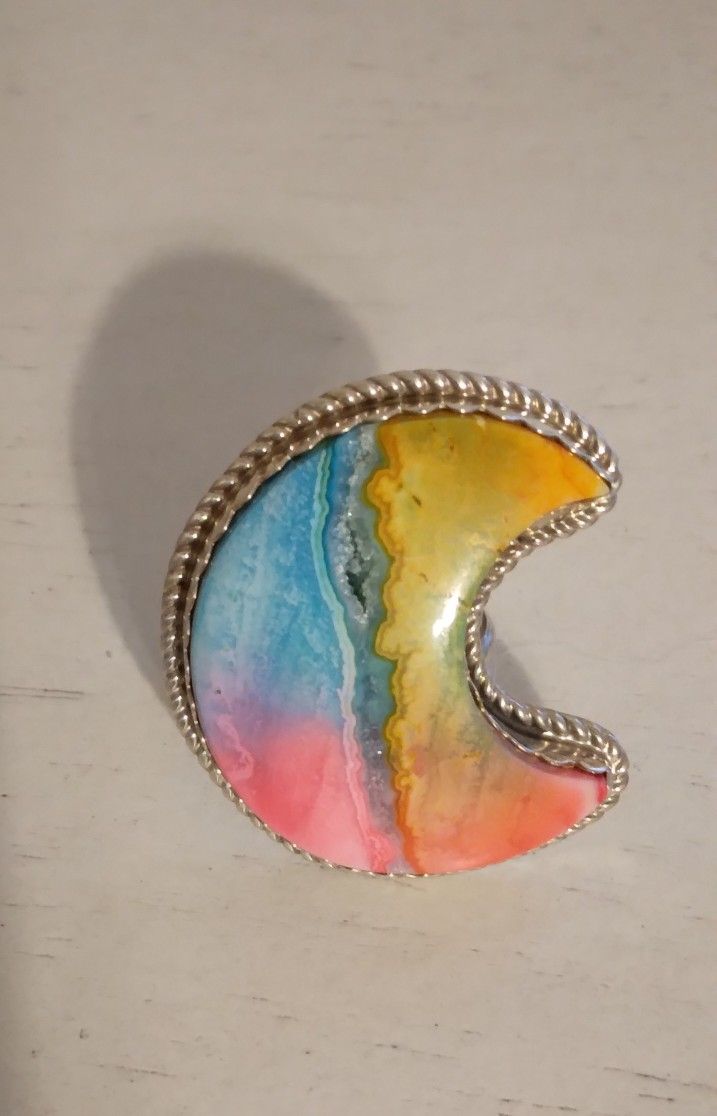 M&S Turquoise Navajo Made Rainbow Druzy Sterling Ring