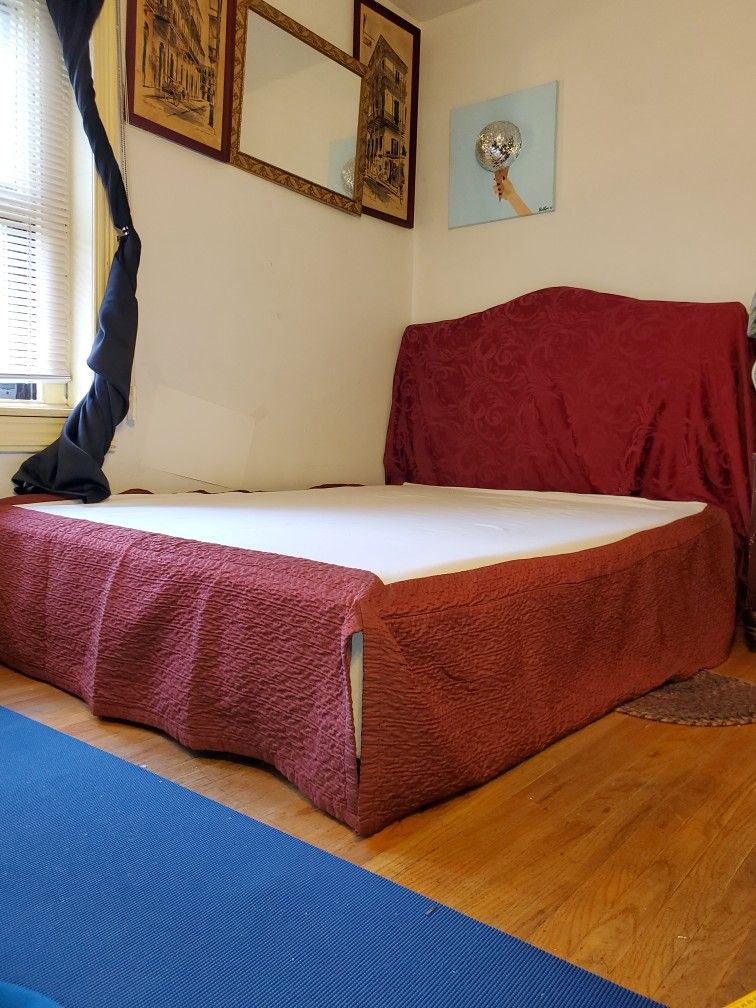 Ikea full size bed frame and boxspring+free bed skirt headboard+a can free beverage