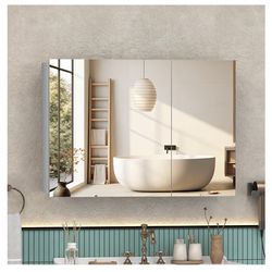 New 36x24 Medicine Cabinet Mirror with Storage, Pre-Assembled Medicine Cabinets for Bathroom, Recessed or Surface Mount Large Silver Mirrored Medicine