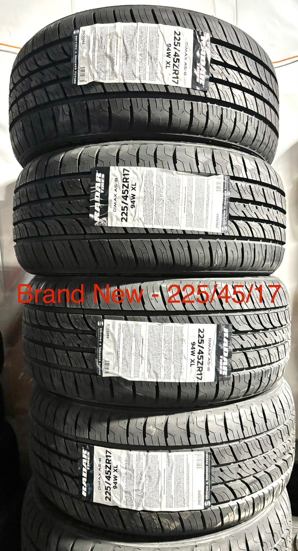 (4) - 225/45/17 Radar Dimax AS-8 Tires