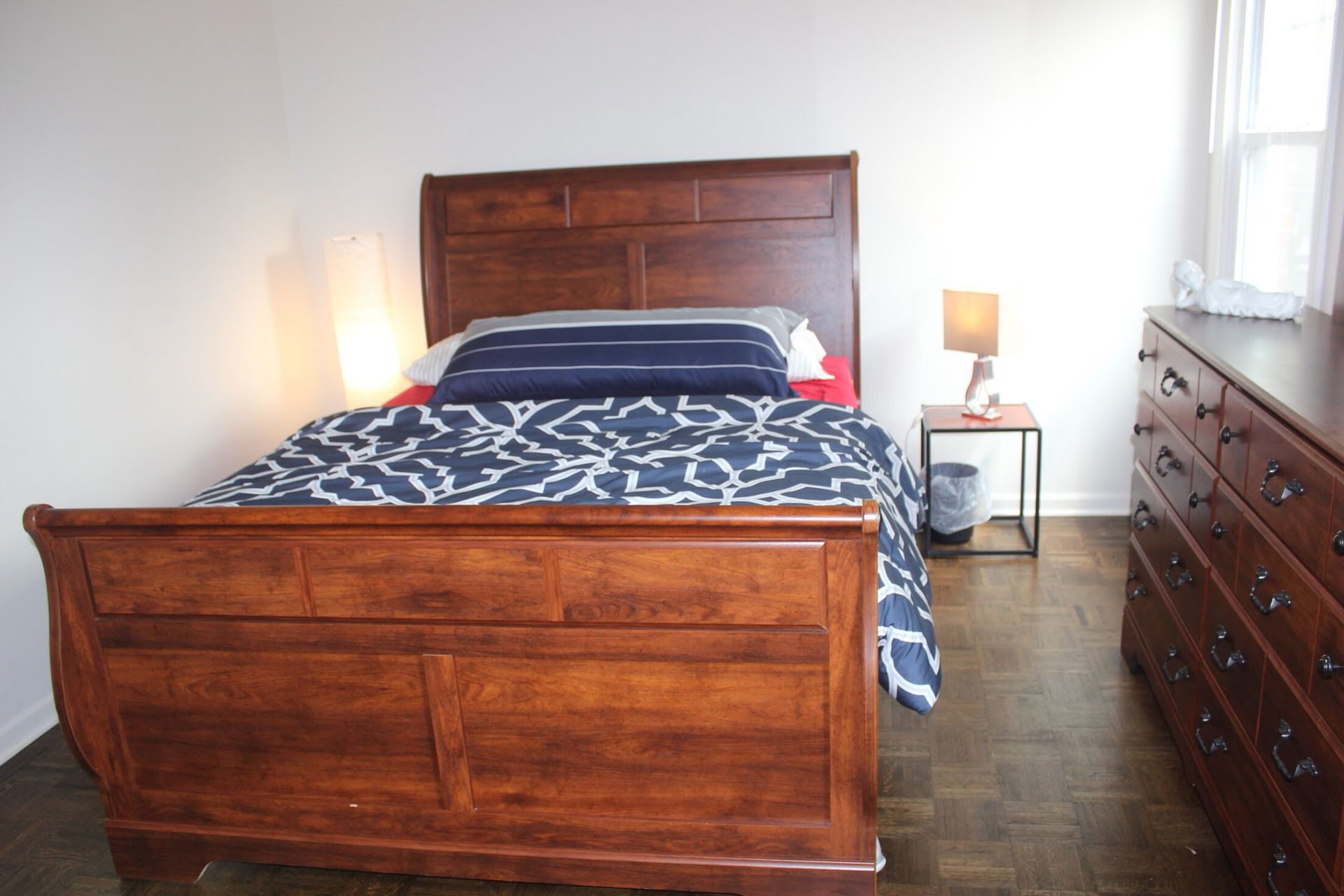 Complete Sleigh Queen bed set - queen bed, dresser + mirror, mattress + foundation