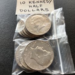 Ten (10) Kennedy Large Half Dollars, Vintage 1971, 1972, All Different US Coins Vintage