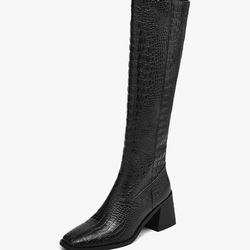 Size 7.5 Knee High Boots Women Tall Boots Square Toe Crocodile Boots for Women Heeled Boots Faux Leather Boots Chunky Calf Boots