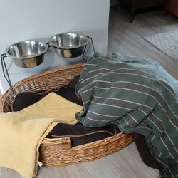 Dog Bed Basket and Elevated Stainless Steel Food Dish