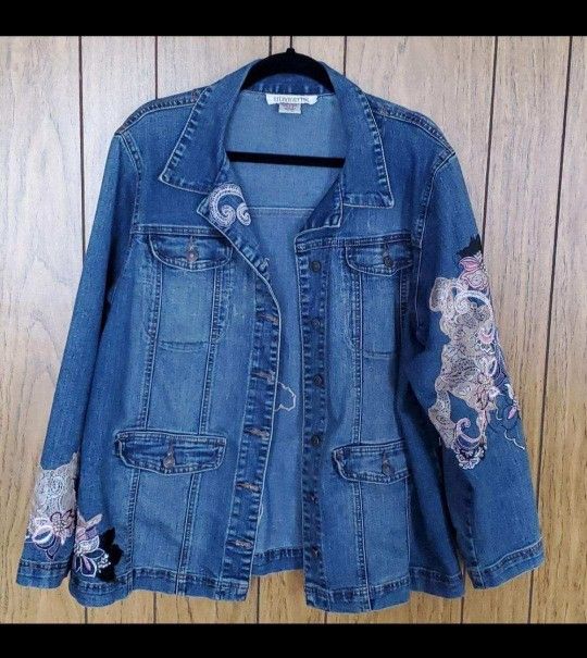 Vintage Silhouette Denim Jean Jacket Floral Embroidery Wmns 16