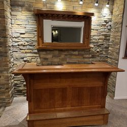 Wood Bar With Stool And Mirror