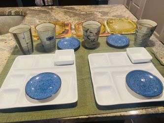 Sushi Serving Dishes and Japanese Tea Cups