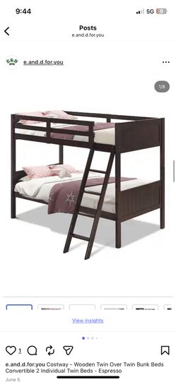 Costway - Wooden Twin Over Twin Bunk Beds Convertible 2 Individual Twin Beds - Espresso