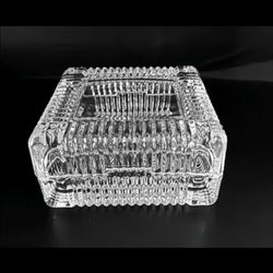 Vintage Clear Glass Ribbed 3" Square W Step Down Geometric Lidded Trinket Small Jewelry Box