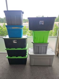 Nine (9) Various Storage Totes Bins 17G to 30G Case Garage Box Different Sizes Shelving Home Unit