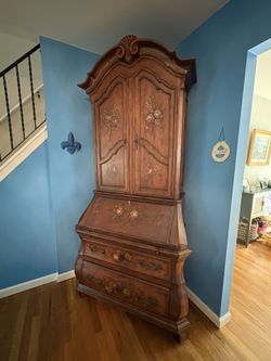 Ethan Allen Tuscany Bombay Secretary Dark Wood Rose Design Antique