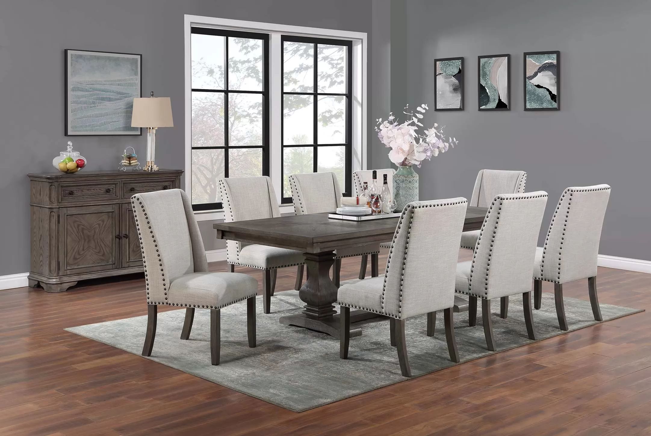 Solid Wood 9-Piece Dining Set, Rustic Gray Dining Set with Upholstered Nailhead Cushion Chairs, Formal Dine set, contemporary farmhouse luxury Dining