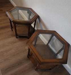 Pair of Vintage Hexagonal Walnut End Tables, Glass Top, and Faux Cane Shelf