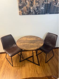 EastVita Round Dining Table Set for 2 Kitchen Table with 2 Upholstered Chairs 3-Piece Circle Dining Table Set for Kitchen Apartment Small Spaces Brown