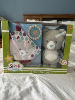 Spark Create Imagine Stuffed Teddy Bear Gift Set w/ Silicone Teething Ring & on The Go Blanket for Baby Ages 0 & up