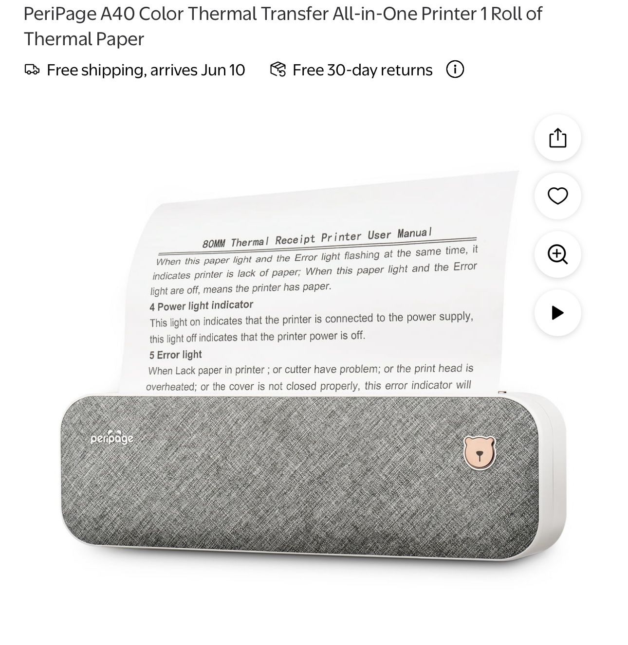 PeriPage A40 Color Thermal Transfer All-in-One Printer 1 Roll of Thermal Paper