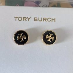 Tory Burch Gold and Black Logo Earrings