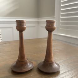 Vintage Wooden Candle Holder Pair, Set Of 2 MCM Simple Brown Candlestick Holders