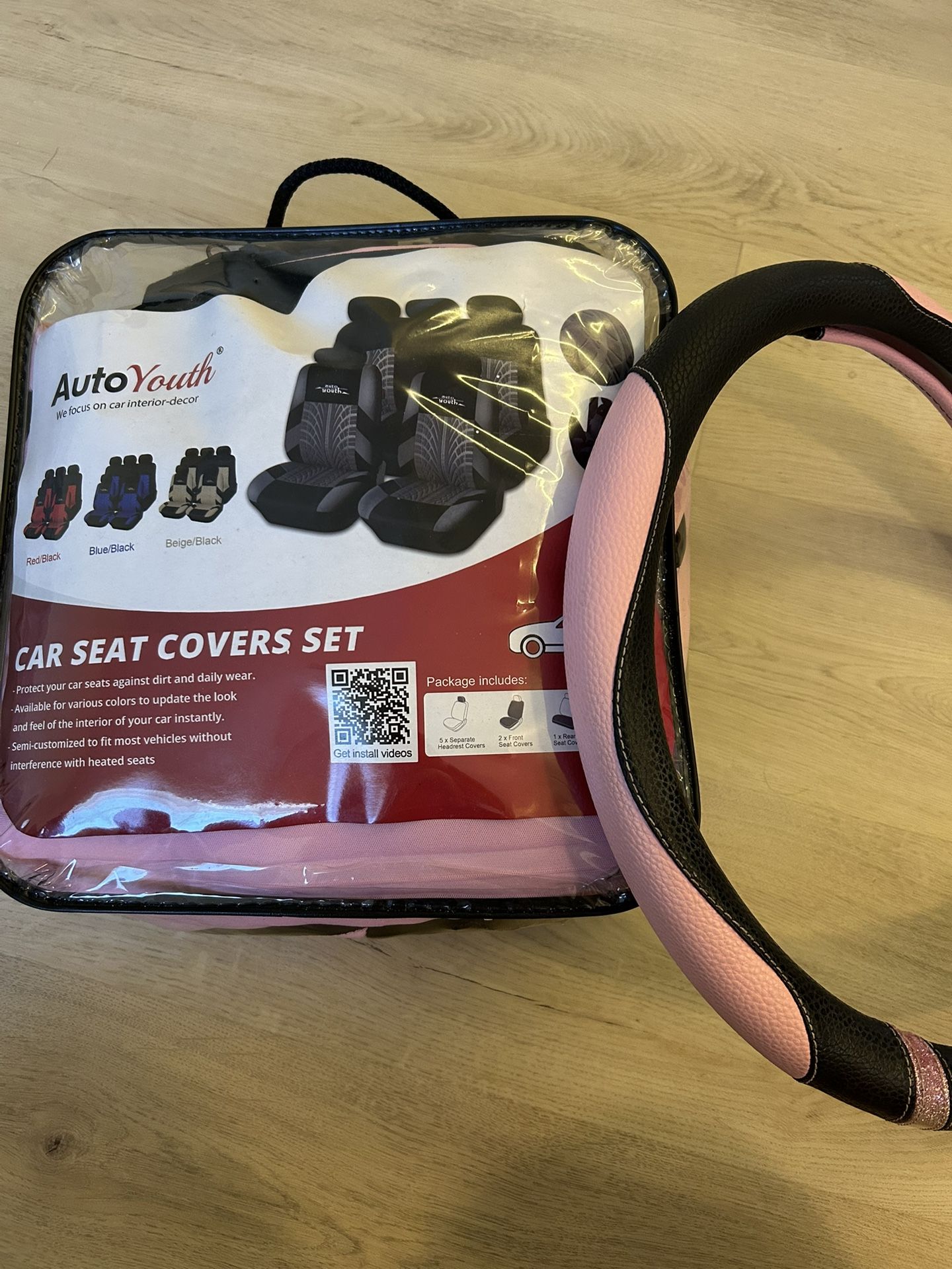 AutoYouth Pink and Black Car Seat Cover Nine Piece Set With Matching Wheel Cover