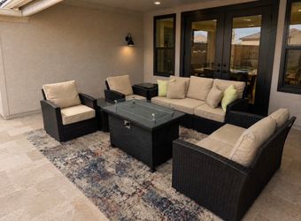 7 Piece Rattan Conversation Set And Fire Table  *New Patio Furniture*