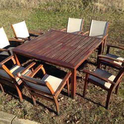 8 person 61" Teak table with 9 chairs. High quality outdoor furniture.

