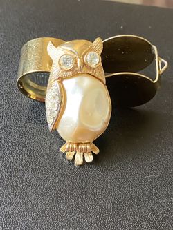 Vtg Clear Rhinestones and Bosque pearl owl pin