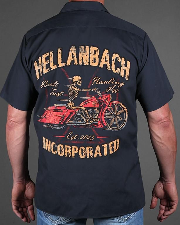 Men’s size XL Hellanback built fast work shirt incorporated skeleton motorcycle Fashion Streetwear Hype Rare Dickies Davidson Harley 