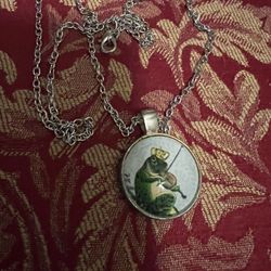 NEW & Whimsical Toad / Frog Playing Violin Silver 10” Long Necklace Pendant