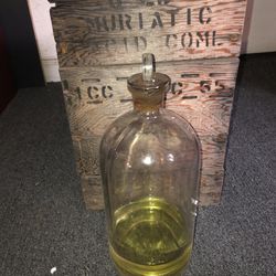 Glass stopper bottle 1/2 Gal Antique In Wood Box  Muriatic Acid