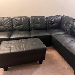 Faux Leather Sectional Sofa With Ottoman And Toss Pillows