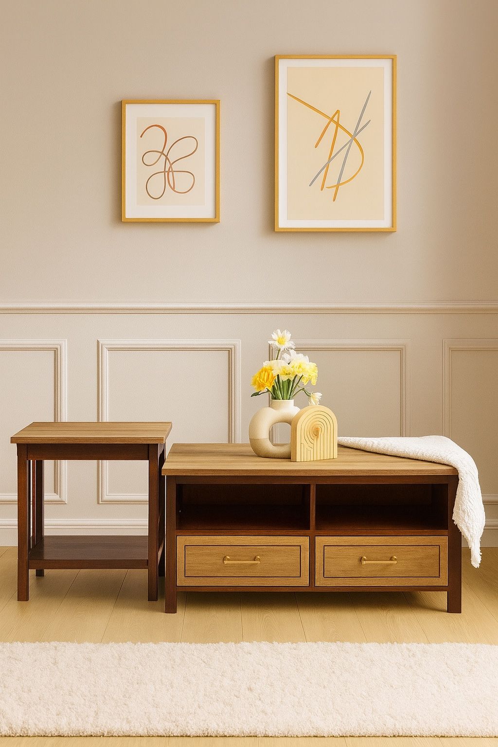 Matching Tv Stand & End Table Set – Beautiful Two-Tone Wood Finish