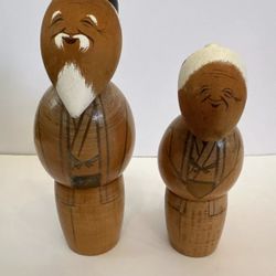 JAPANESE WOODEN KOKESHI OLD MAN AND WOMAN DOLLS HAPPY LIFE TOGETHER