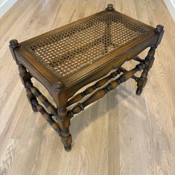 Vintage Wooden Stool Bench Caned Top Turned Spindle Legs
