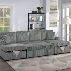 Gray Sofa Sectional w/ Pull- Out Sleeper & Double Chaise 