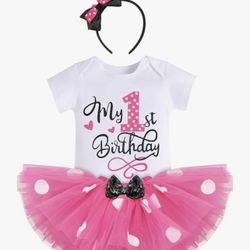 IBTOM CASTLE Baby Girls One 1st 2nd 3rd Birthday Outfit Polka Dots Romper Tutu Dress Headband Princess Skirt Set Photo Shoot