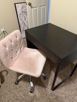 Dark Brown Desk and Pink Velvet Chair Set