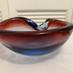 Vintage Large Art Glass Ashtray, Red/Blue/ White/Purple