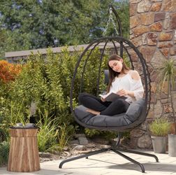 Gray Patio Wicker Hanging Chair with Stand