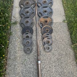 300 Lb Weights Set With Barbell ( 2.5 Lbs-45 Lbs ) With Adjustable Squat Rack/ Bench Press With Leg Developer And Curling Handle $220 For Everything  