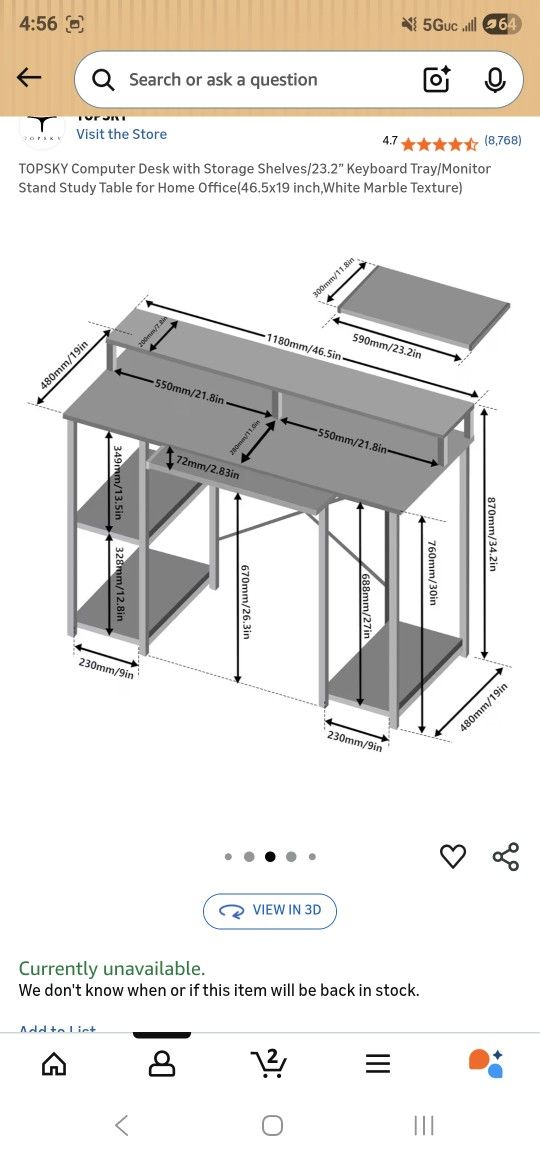 1  Office Desk 46.5x19 inch,White Marble Texture
