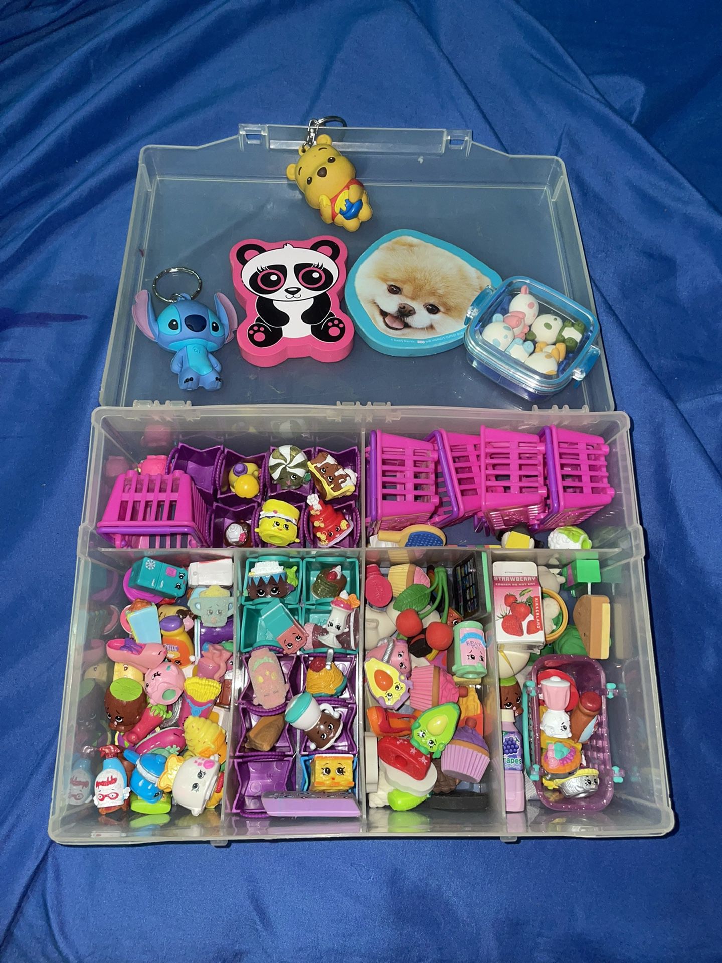 Box of shopkins with Collectible erasers and keychains