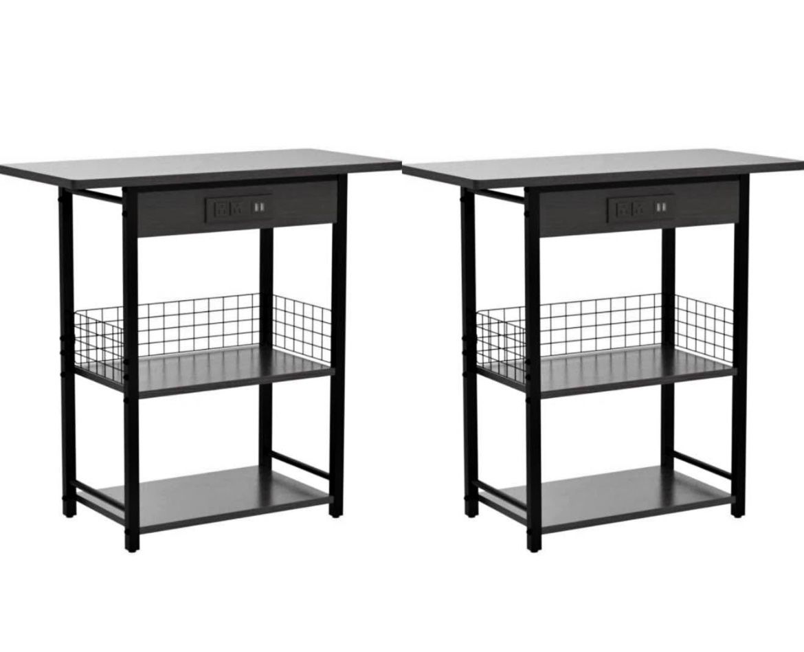 End Table with Charging Station, 25.5” Sofa Side Table with USB Ports and Outlets, Narrow Nightstand with Fabric Dra