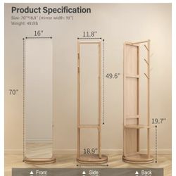 70"x19"Full Length Mirror with Stand,Coat Rack with Mirror,Solid Wood Floor Mirror,Swivel Mirror