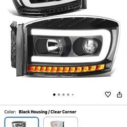 New in box DNA MOTORING HL-HPL-RM06-G-BK-CL1 LED U-Bar DRL Chasing Turn Signal Projector Headlights Compatible with 06-08 Dodge Ram 1500/06-09 Dodge R