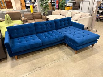 JOYBIRD Eliot Reversable L-Shaped Sectional in Royale Cobalt Microvelvet with Mocha Tapered Legs