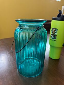 Teal Ribbed Glass Jar with Wire Handle
